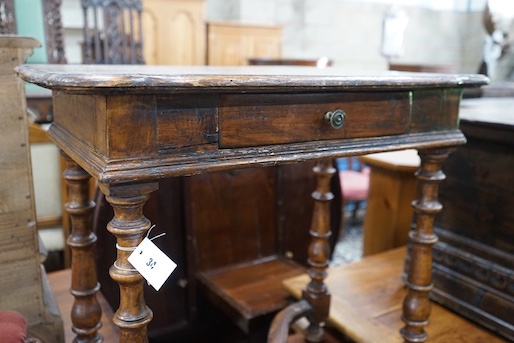 A pair of 18th century style French provincial pine side tables with X shaped stretchers, width 74cm, depth 45cm, height 72cm